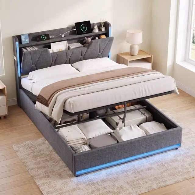 STILVORA Grey Upholstered Double Bed Frame with Lift-Up Storage, LED Under-Bed Lighting and USB Charging Port, W/D/H: 140 x 200 x 110 cm – 1