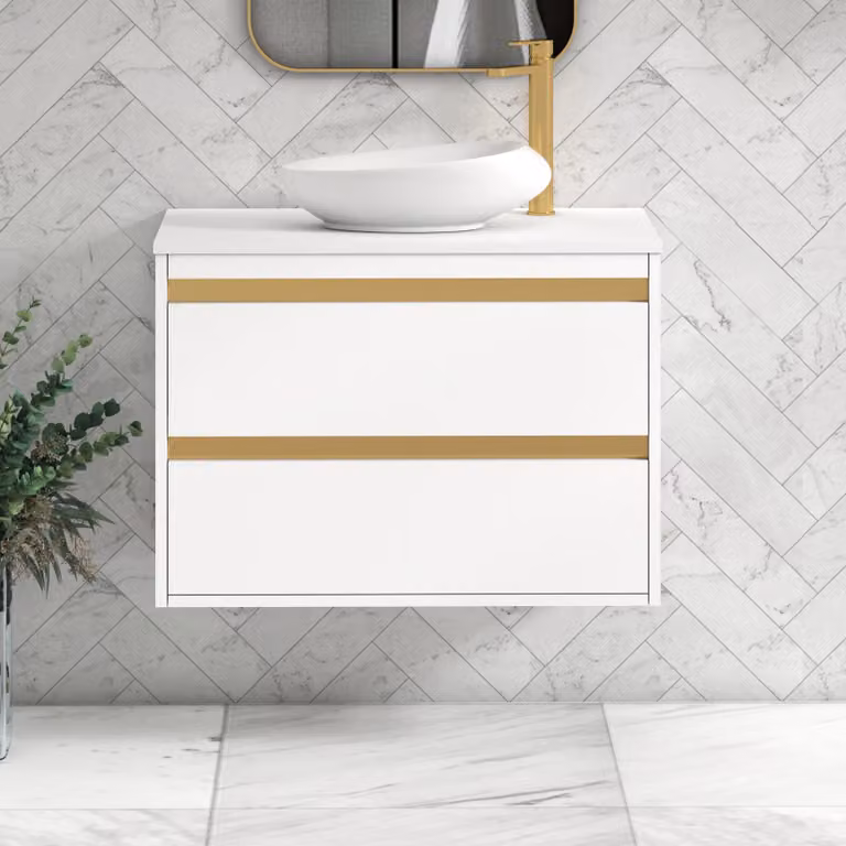 Royal Bathrooms Orion 800mm Matt White Wall Hung Vanity Unit with Nova Basin and Brushed Brass Accent Trim