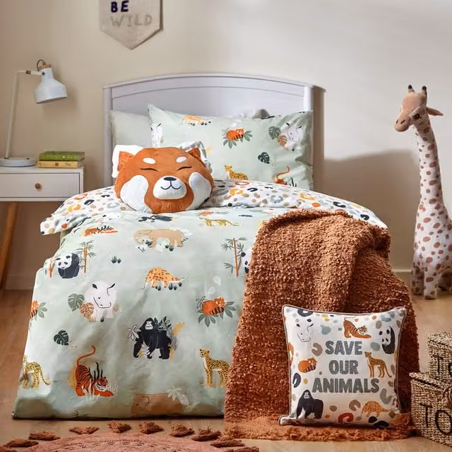 Make it a Home Reversible Wildlife Animal Graphic Childrens Duvet Cover Set, Multicolour/Green, W: 140 cm, L: 200 cm