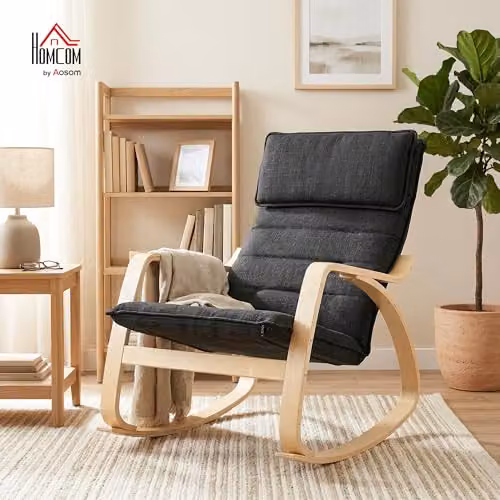 HOMCOM Modern Black Fabric Rocking Chair with Armrests and Solid Wood Frame – 3