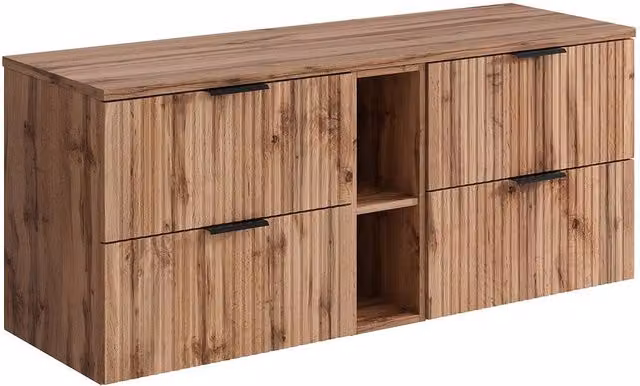 Vente-unique Striped Floating Vanity Unit with Shelves in Light Natural Oak, W: 140 cm