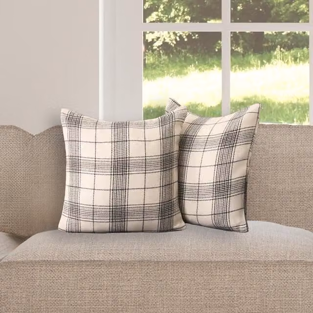 OHS Pack of 2 Woven Check Square Cushion Covers in White, Yellow and Beige