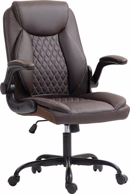 HOMCOM Brown Faux Leather Office Chair with Flip-Up Armrests and Headrest