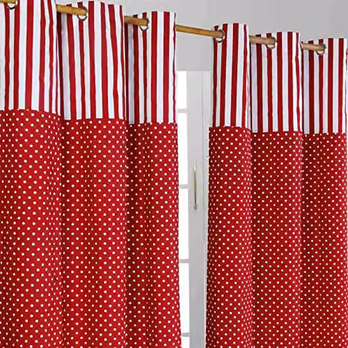 HOMESCAPES Red Polka Dot 100% Cotton Unlined Eyelet Curtain Pair, Width: 117 cm, Drop: 137 cm – 1