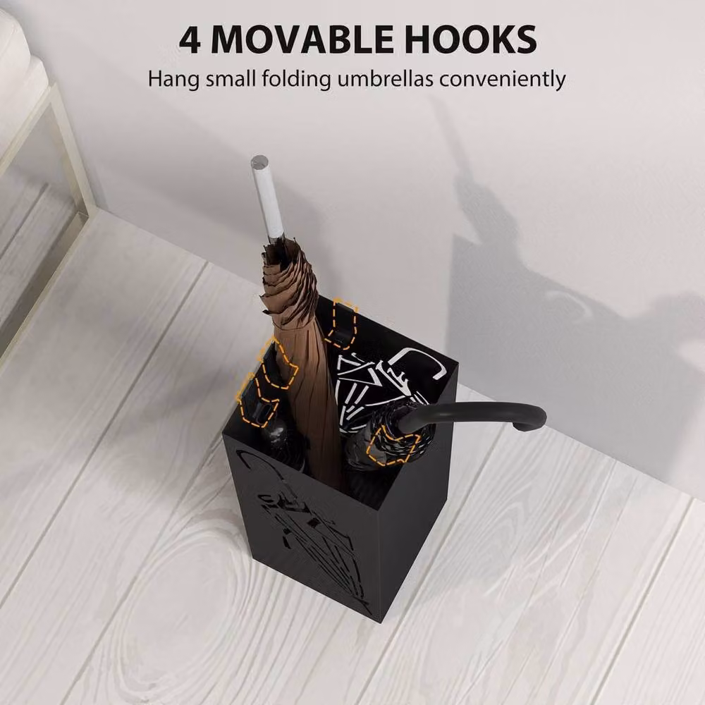 KORVIXA Metal Umbrella Stand with 4 Hooks and Removable Drip Tray in Black – 4