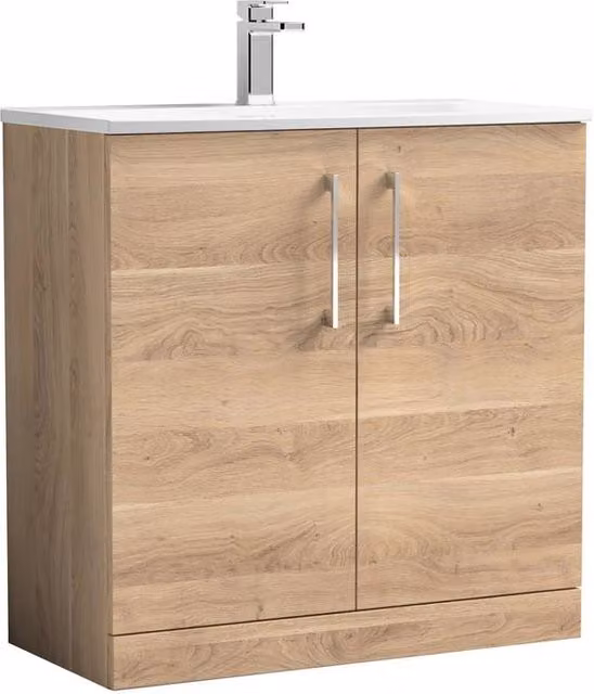 Balterley Brown Bleached Oak 2-Door Floor Standing Bathroom Vanity and Basin with Soft Close Doors and Internal Shelves, Width: 80 cm – 1