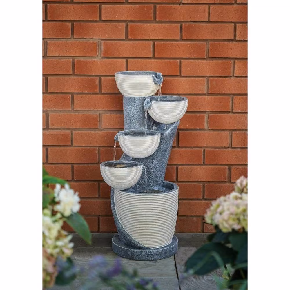 Ivyline Outdoor Cascading Bowl Water Feature in Beige, W: 47 cm, D: 37 cm, H: 84 cm – 3