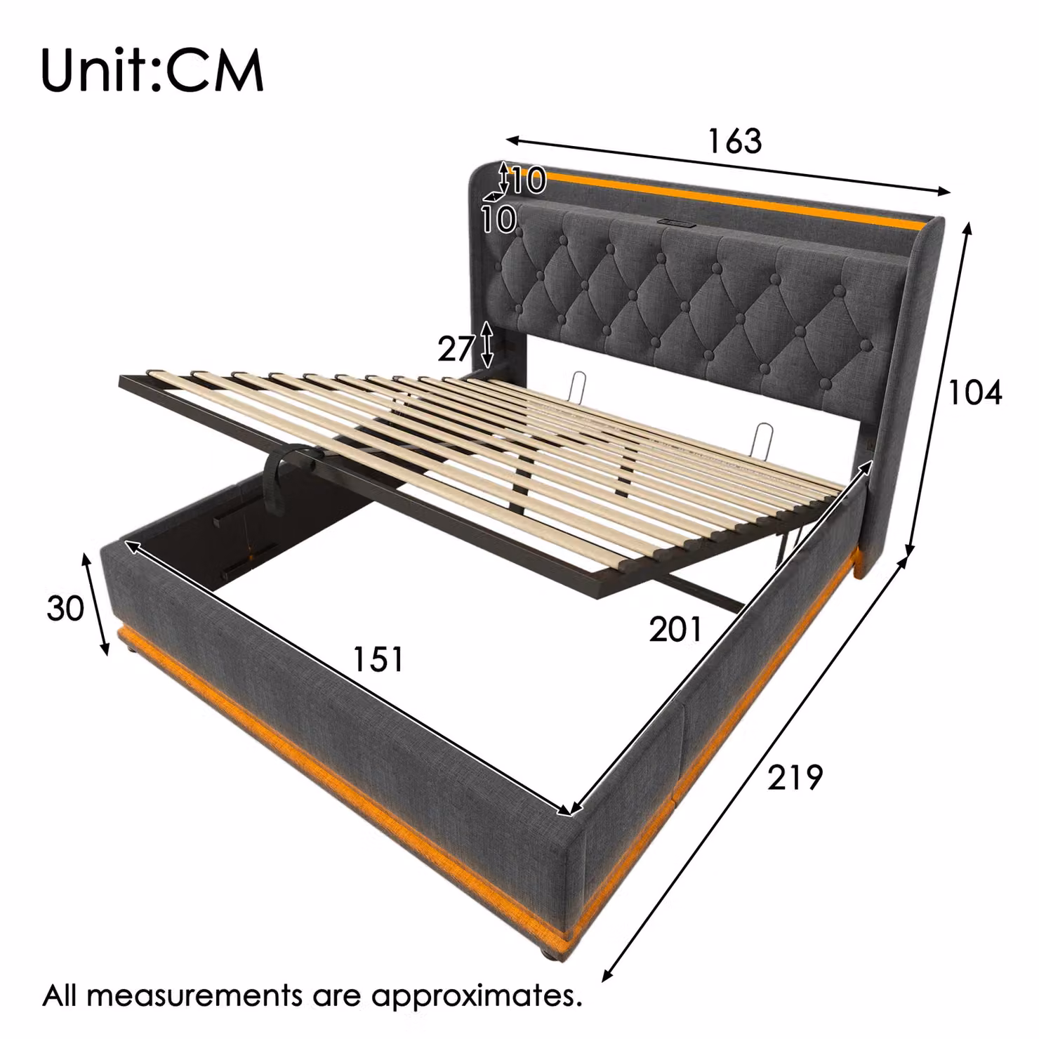 Matteo Upholstered Hydraulic Storage Bed Frame in Grey, W/D/H: 150 x 200 cm – 2