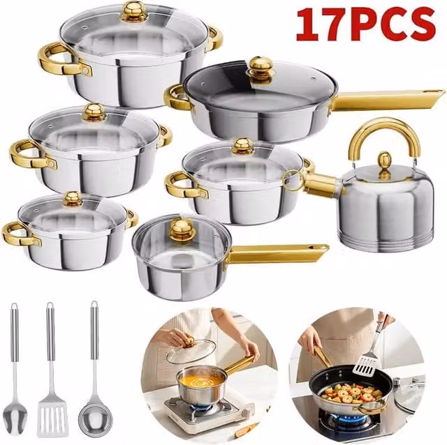 FLAVORA 17-Piece Non-Stick Stainless Steel Induction Cookware Set in Silver, W/D/H: 100 x 15 x 15 cm – 1