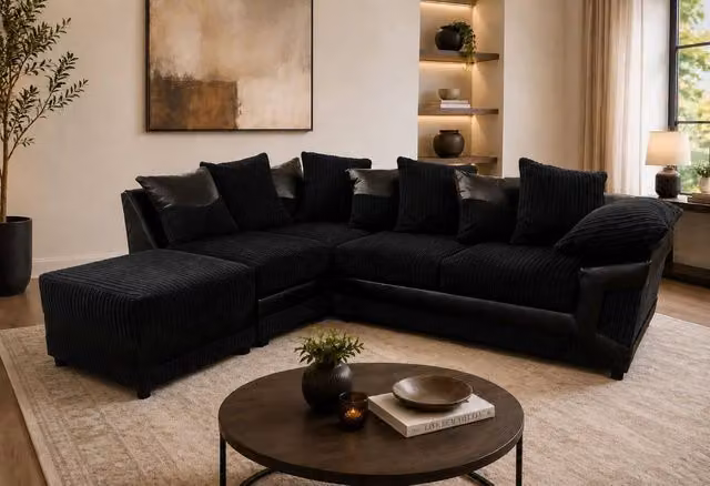 LUXURY LIFE Dino Left Hand Facing Cord Fabric Corner Sofa in Black, W/D/H: 235 x 94 x 90 cm