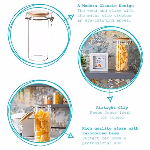 Argon Tableware Glass Storage Jars with Airtight Wooden Clip Lids, 1.4 l, Pack of 6, Transparent