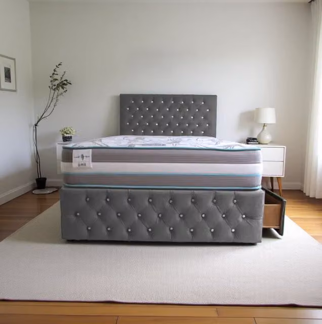 Knight Sleep Delaware Plush Small Single Bed with Hybrid Mattress, Headboard and 2 Drawers in Silver – 1