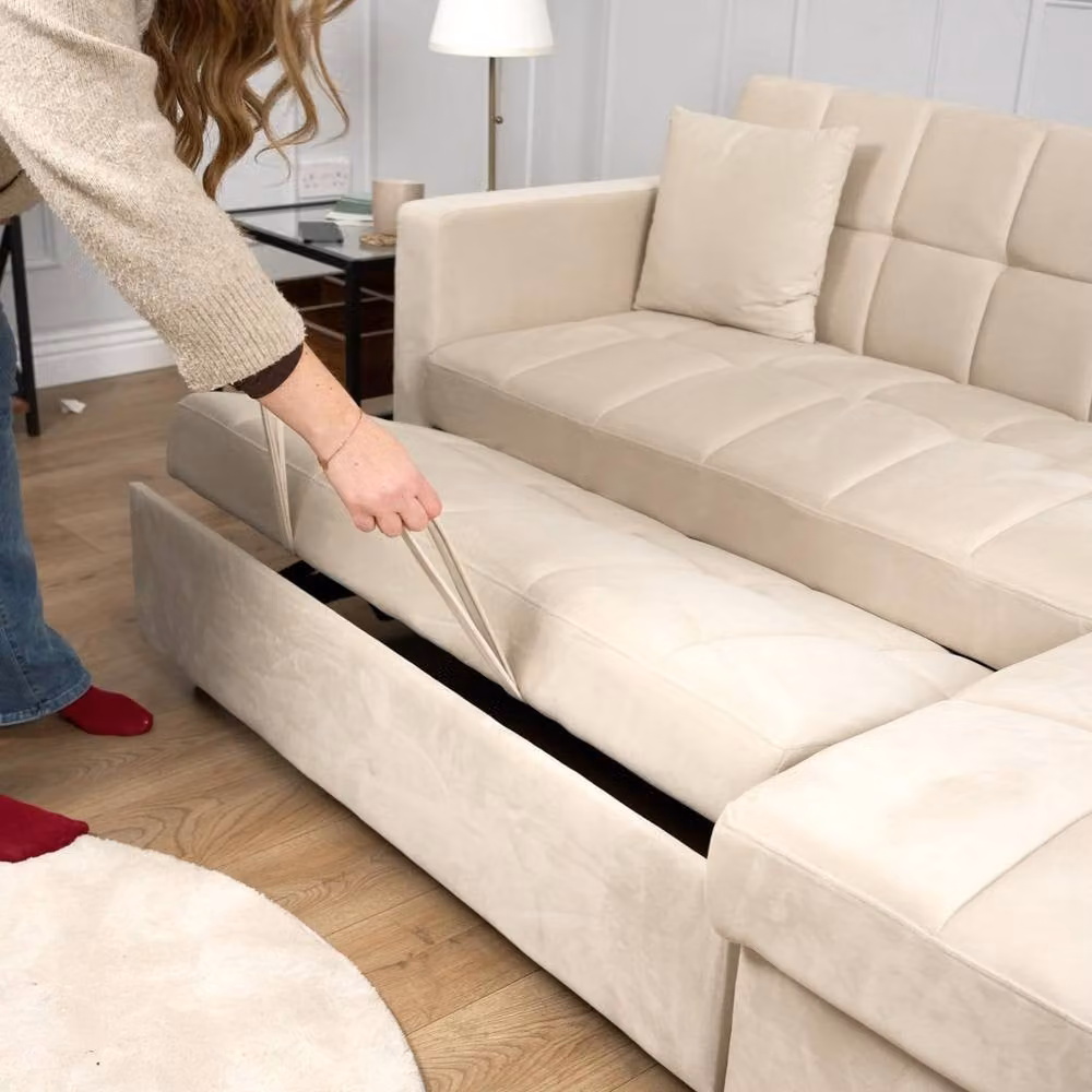Bravich Milo 3 Seater Velvet Corner Sofa Bed with Storage in Cream, L-Shaped Reversible Pull Out Guest Bed – 7