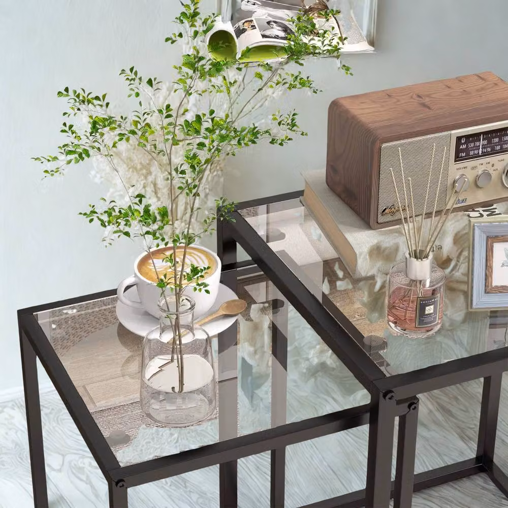 FURNOS Set of 2 Modern Nesting Side Tables with Black Tempered Glass Tops – 5