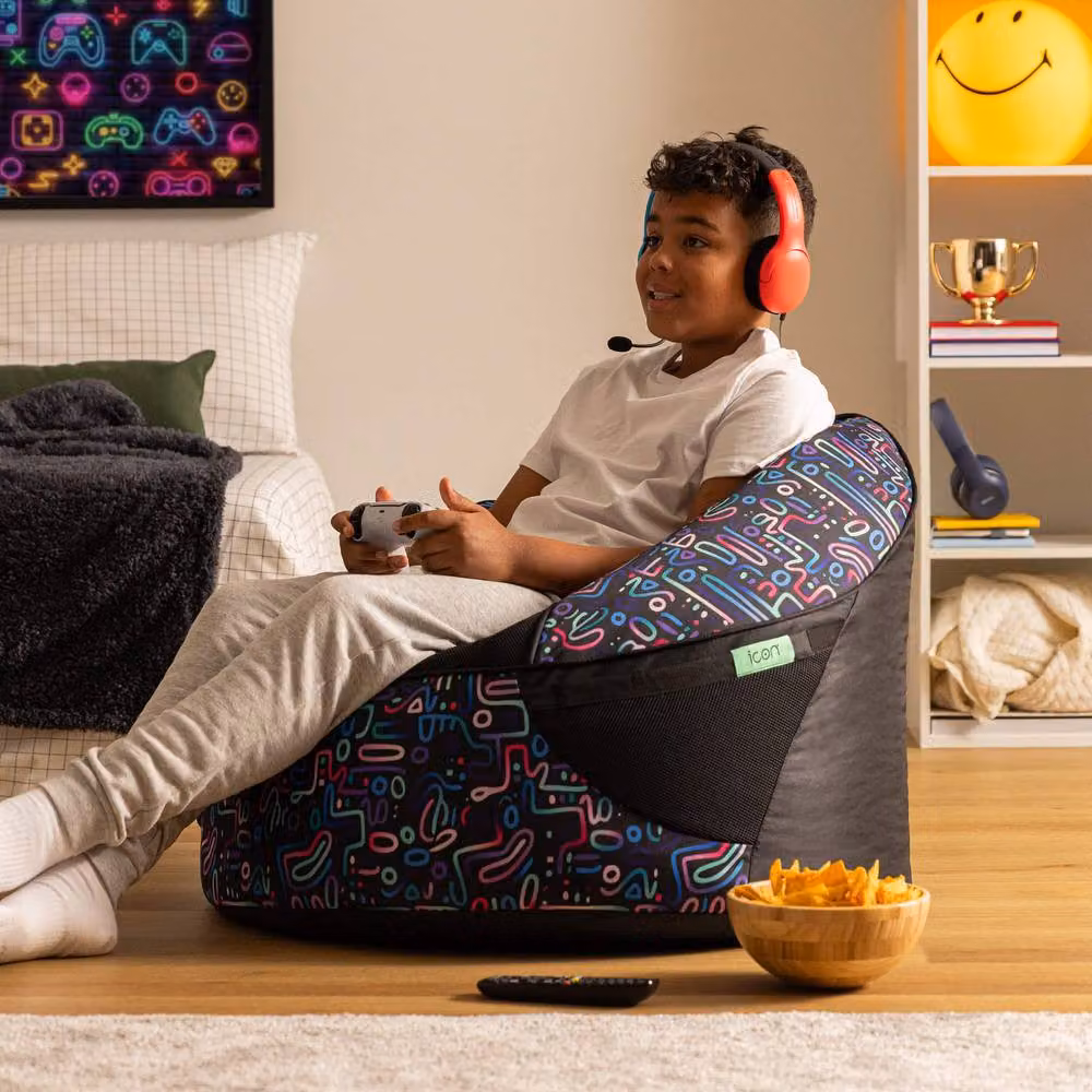 icon Alpha Kids Gaming Bean Bag in Retro Doodle Blue with Filling Included – 2