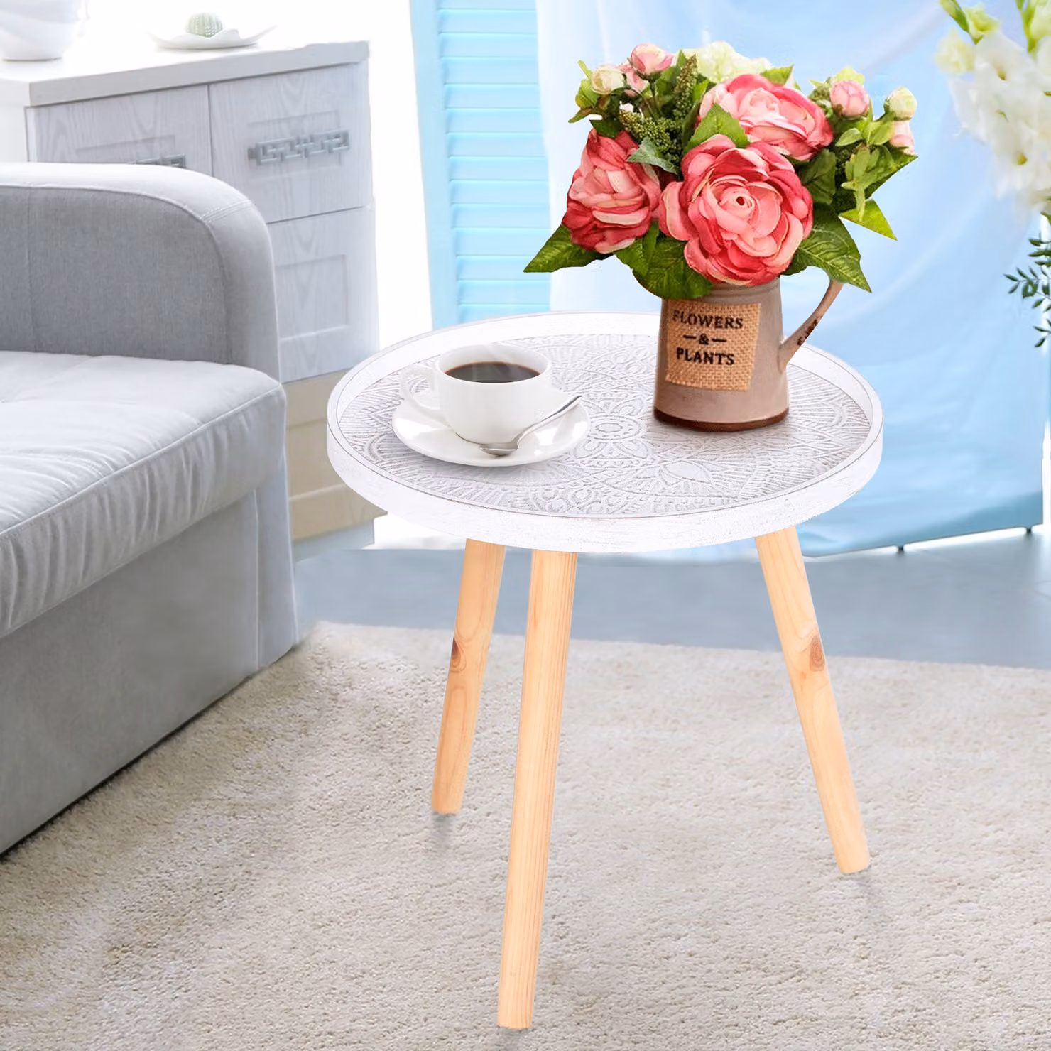HOMCOM Elegant White Flower Etched Side Table with Saucer Top and Wood Legs – 2