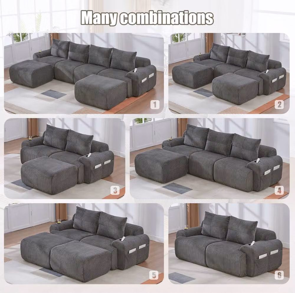 STILVORA 2-Seater Corduroy Sofa with Cup Holder and Storage Pocket in Grey – 4