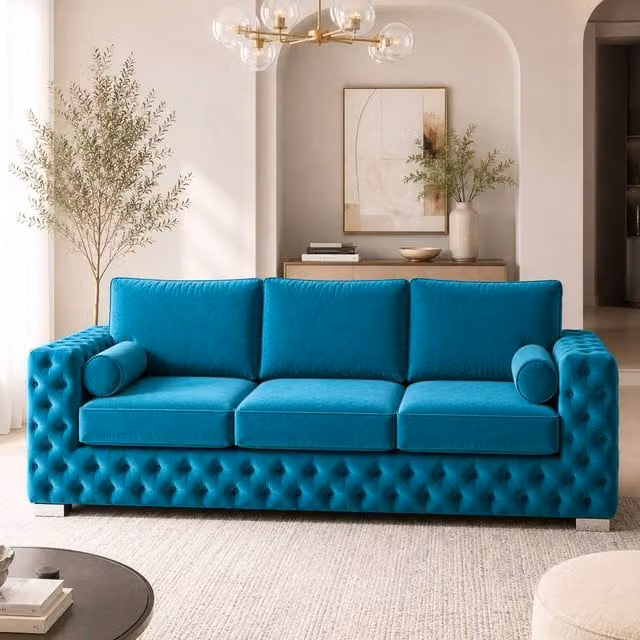 Stratus Interiors Ashley Luxury Chesterfield 3 Seater Fabric Upholstered Sofa in Petrol Teal, W: 203.2 cm, H: 76.0 cm, D: 67.0 cm