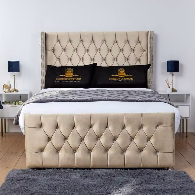 UK Bed Furniture Emily Wingback Divan Bed with 54 Inch Diamond Headboard in Cream, Super King, W/D/H: 200 x 200 cm