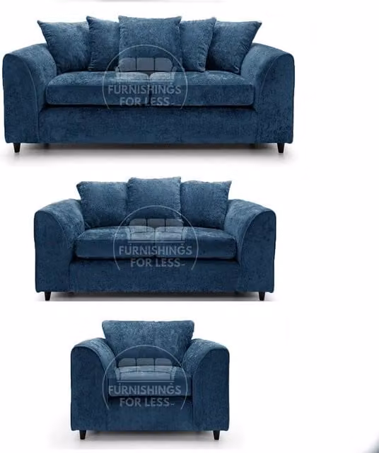 Furnishings For Less UK Monaco Blue Chenille Fabric 3 Piece Sofa Suite with 3 Seater, 2 Seater and Armchair