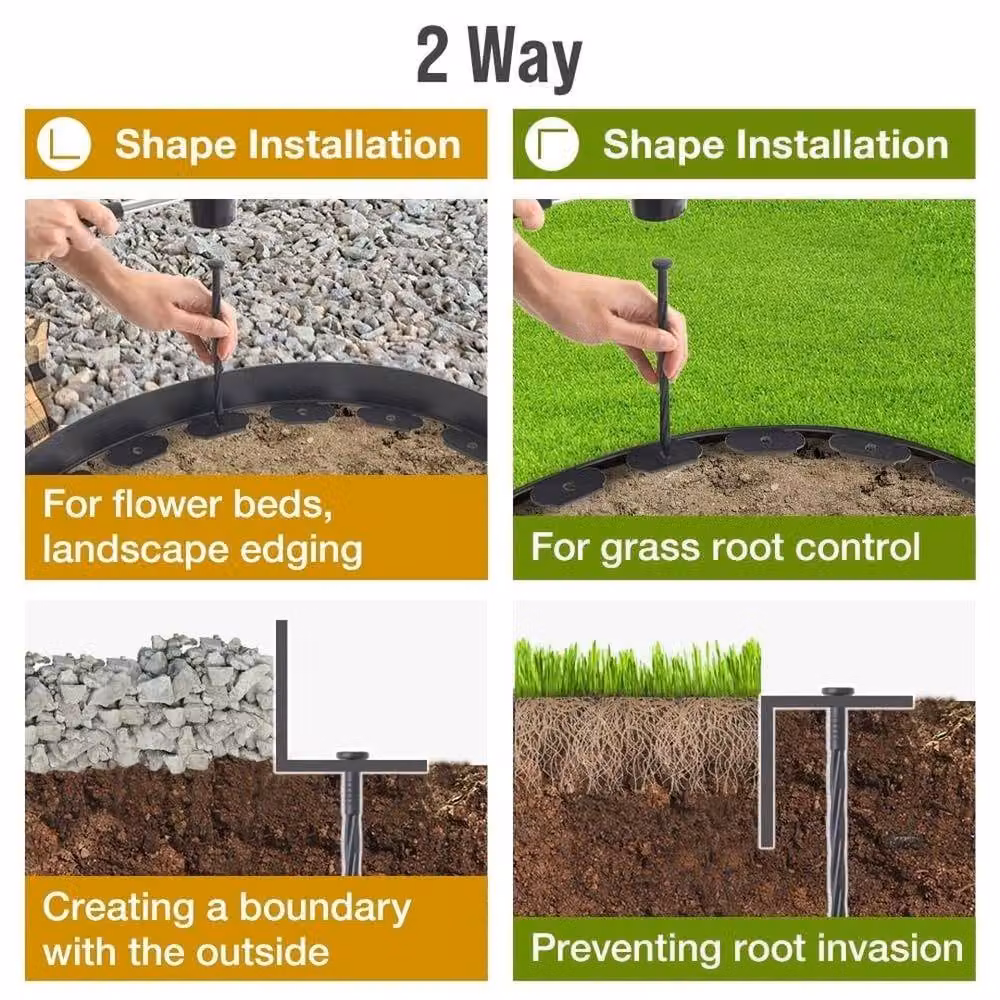 FLAVORA Heavy Duty Plastic Lawn Edging Border in Black with 50 Pegs, W: 100 cm, H: 15 cm – 6