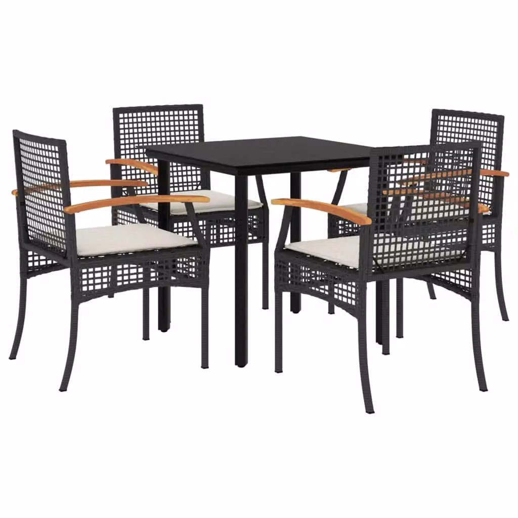Berkfield Home 5 Piece Garden Dining Set with Cushions in Black Poly Rattan and Glass Top – 2