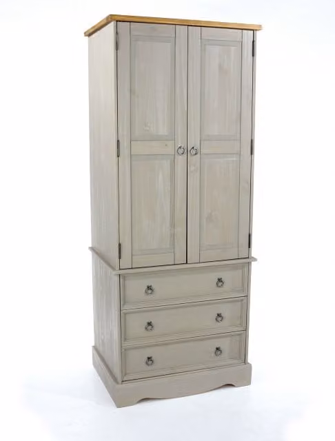 Core Corona Grey and Waxed Pine 2 Door Wardrobe with 3 Integrated Drawers – 1