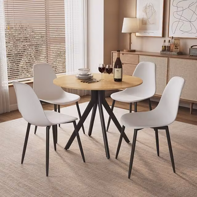Core Products Aspen Light Oak Round Dining Table and 4 White Curve Chairs Set