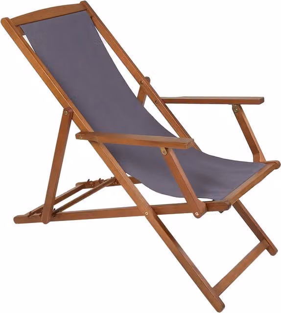 Charles Bentley FSC Eucalyptus Wooden Folding Deck Chair with UV-Resistant Grey Polyester Fabric and Armrests