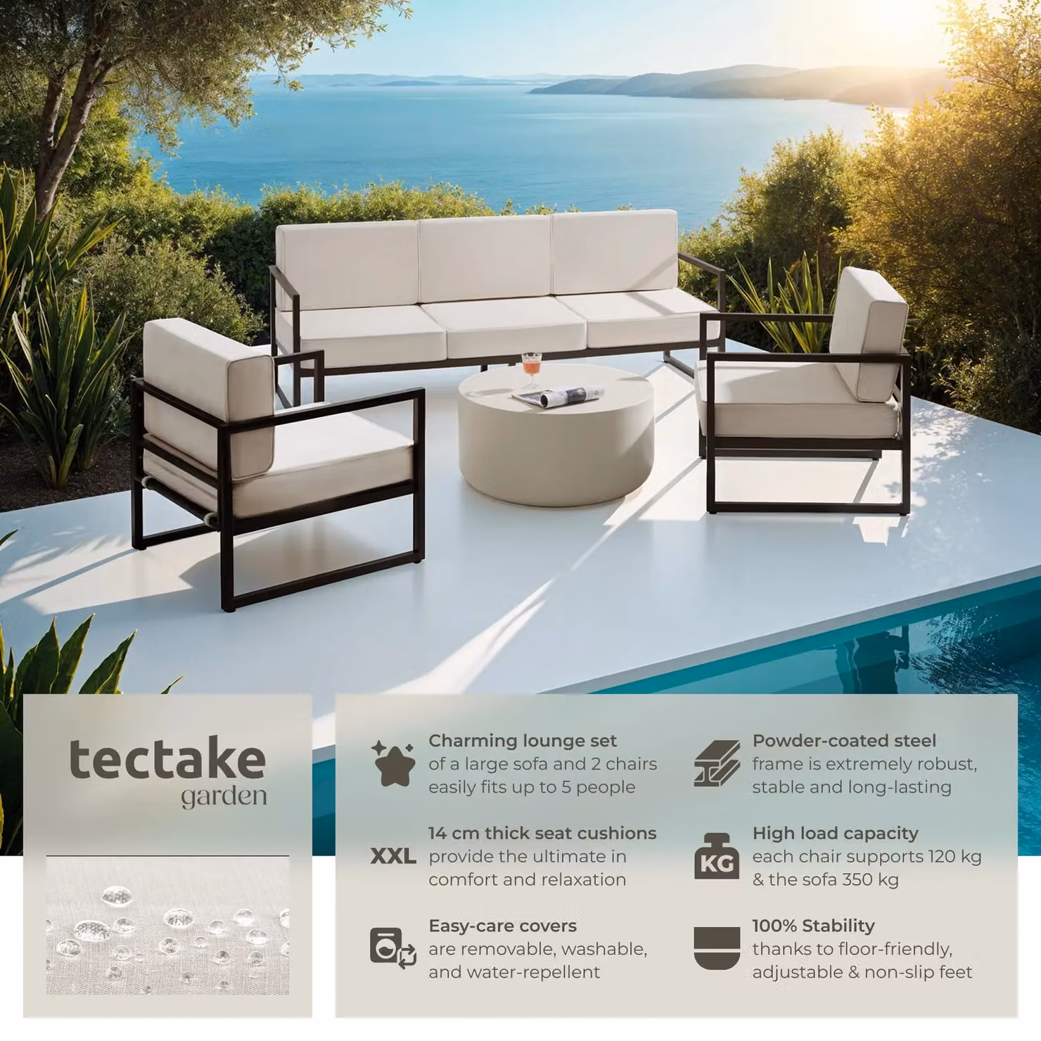 tectake Comosa Modern Garden Furniture Set with Upholstered Cushions in Brown and Grey – 2