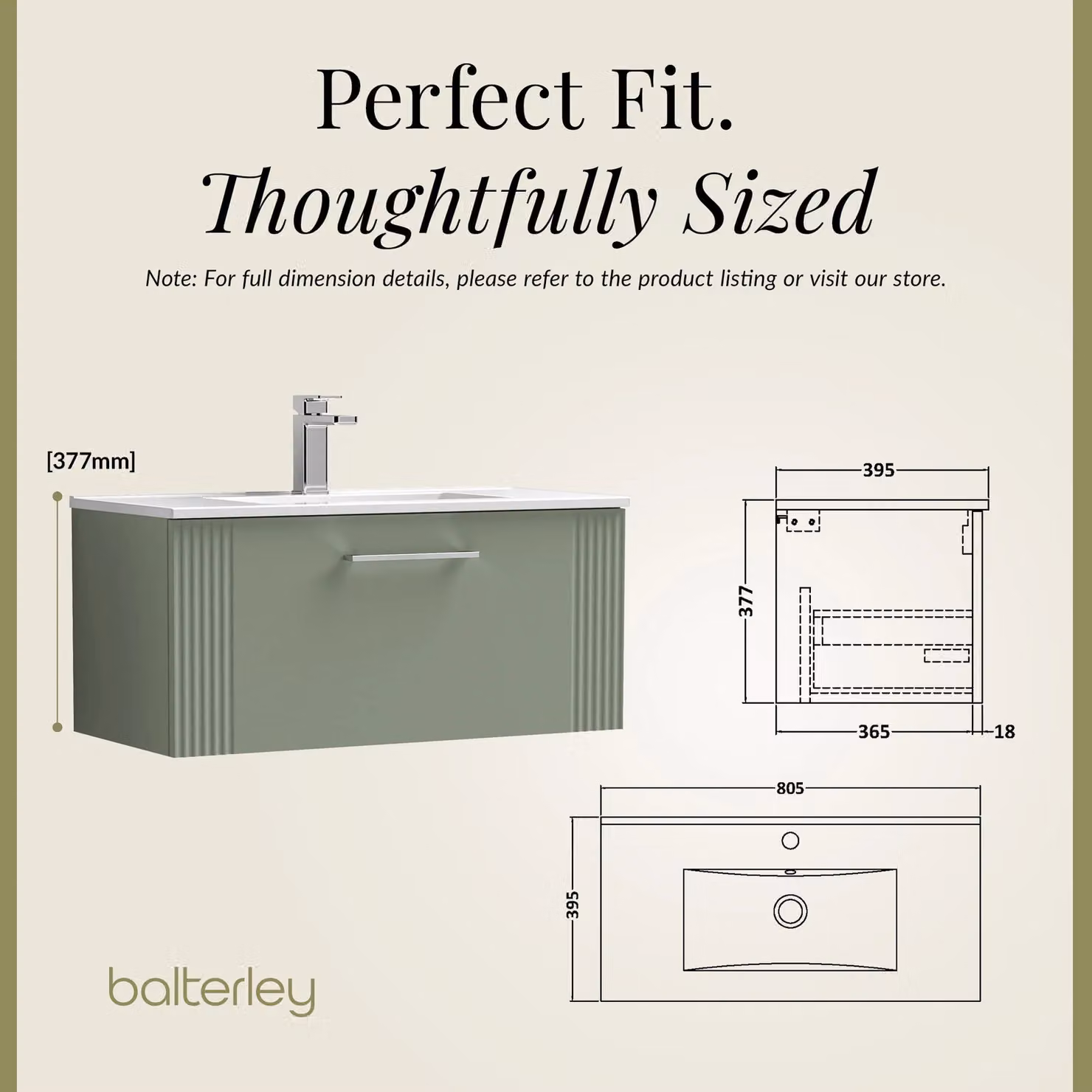 Balterley Wall Hung 1 Drawer Vanity Unit with Minimalist Basin, Satin Green, Width: 80 cm – 2