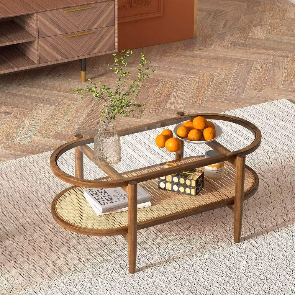 FORGEVIO Brown Acacia Wood and Glass Oval Coffee Table – 2