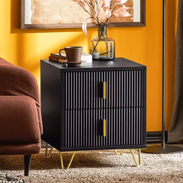 SoBuy Set of 2 Black Bedside Tables with 2 Drawers and Gold Metal Legs