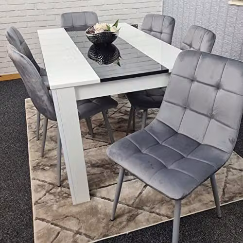 Kosy Koala Modern Dining Table Set with 6 Grey Velvet Chairs and Black Glass Top, W/D/H: 140 x 80 x 75 cm – 2
