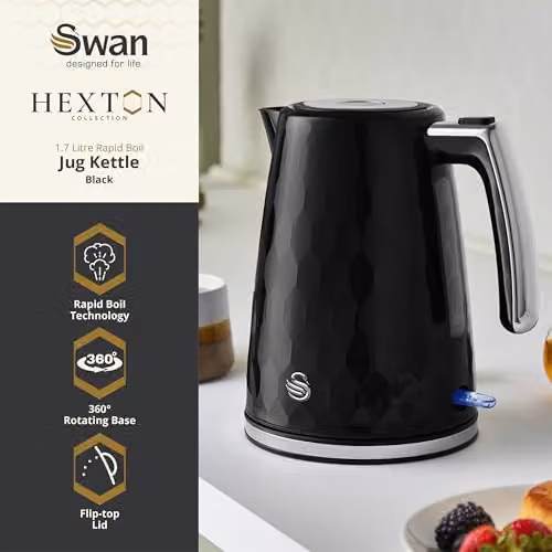 Swan Hexton 1.7 l Electric Kettle, 3000 W, Black with Limescale Filter – 2