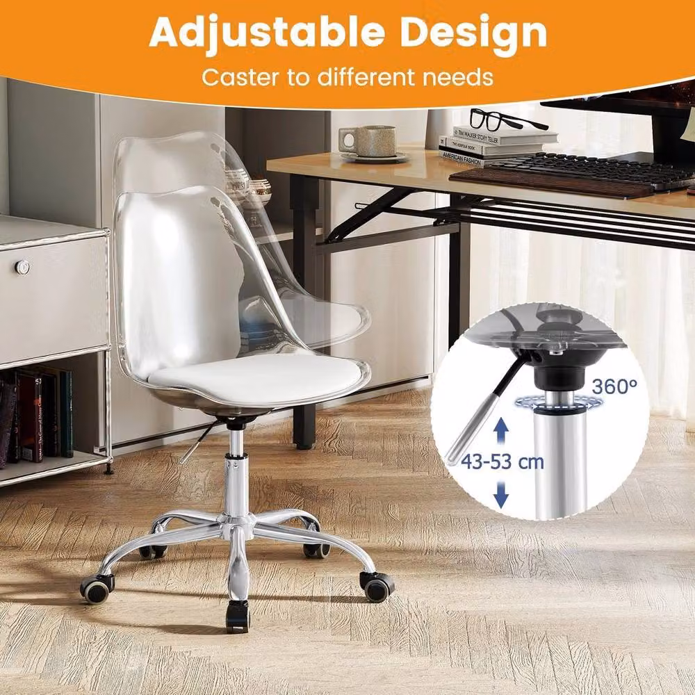 EONLION Modern Rolling Acrylic Task Chair in White and Transparent with PU Leather and Castors – 3