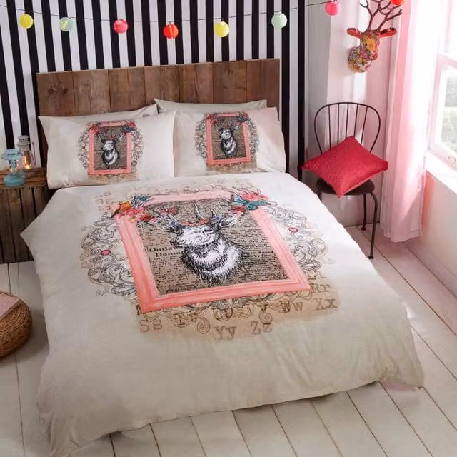 Rapport Home Antique Stag Polycotton Duvet Cover and Pillowcase Set in Beige and Yellow, W: 180 cm, L: 200 cm