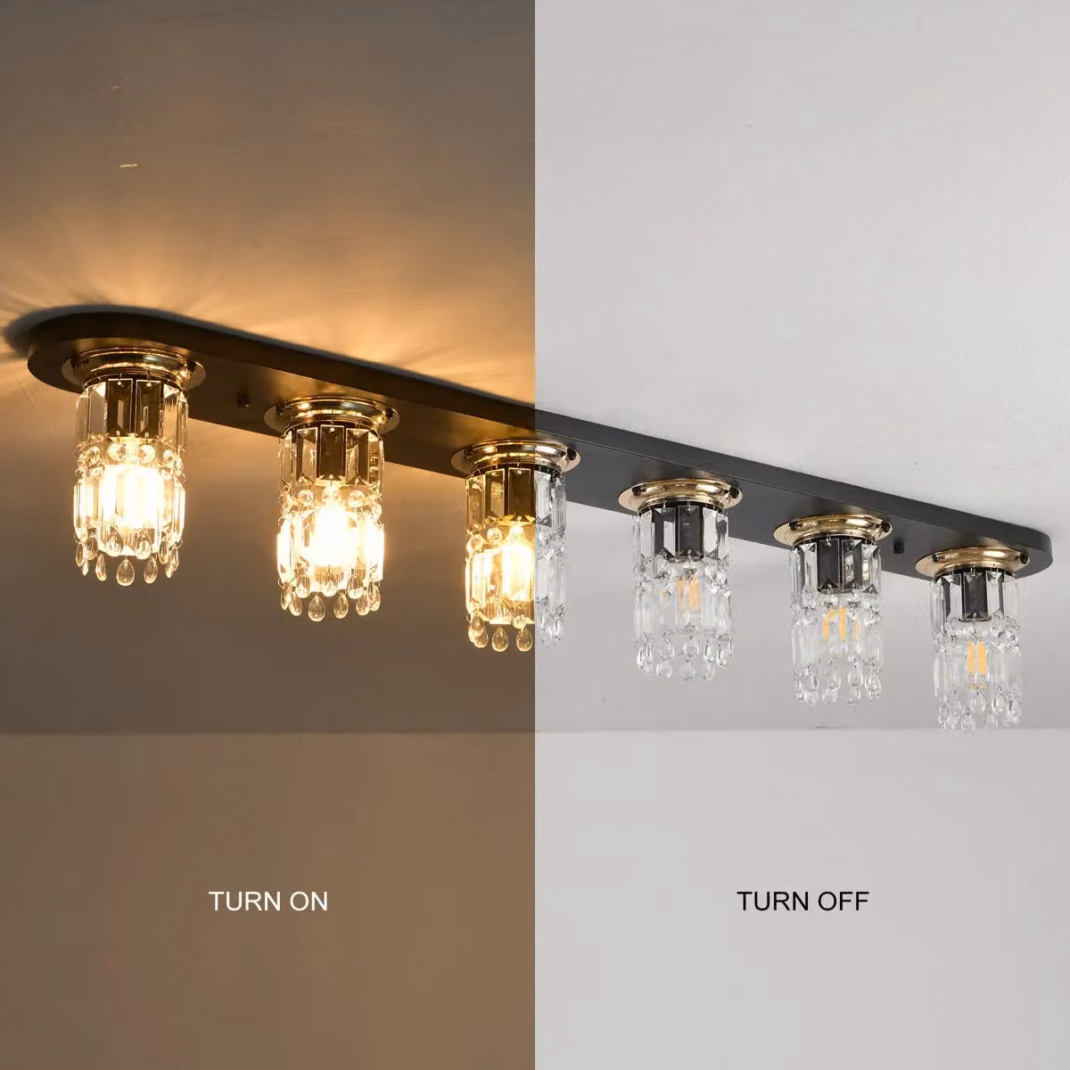 Garwarm 6 Light Crystal Dimmable Flush Mount Ceiling Light in Black and Gold/Brass, W: 120 cm – 6