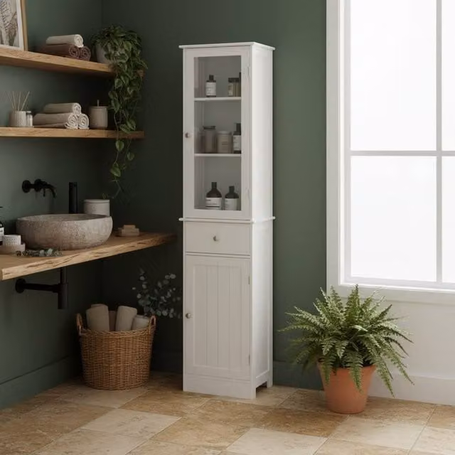 Wyld Haus Ramila Tall Bathroom Storage Cabinet in White with Shelves, Drawer and Hinged Doors