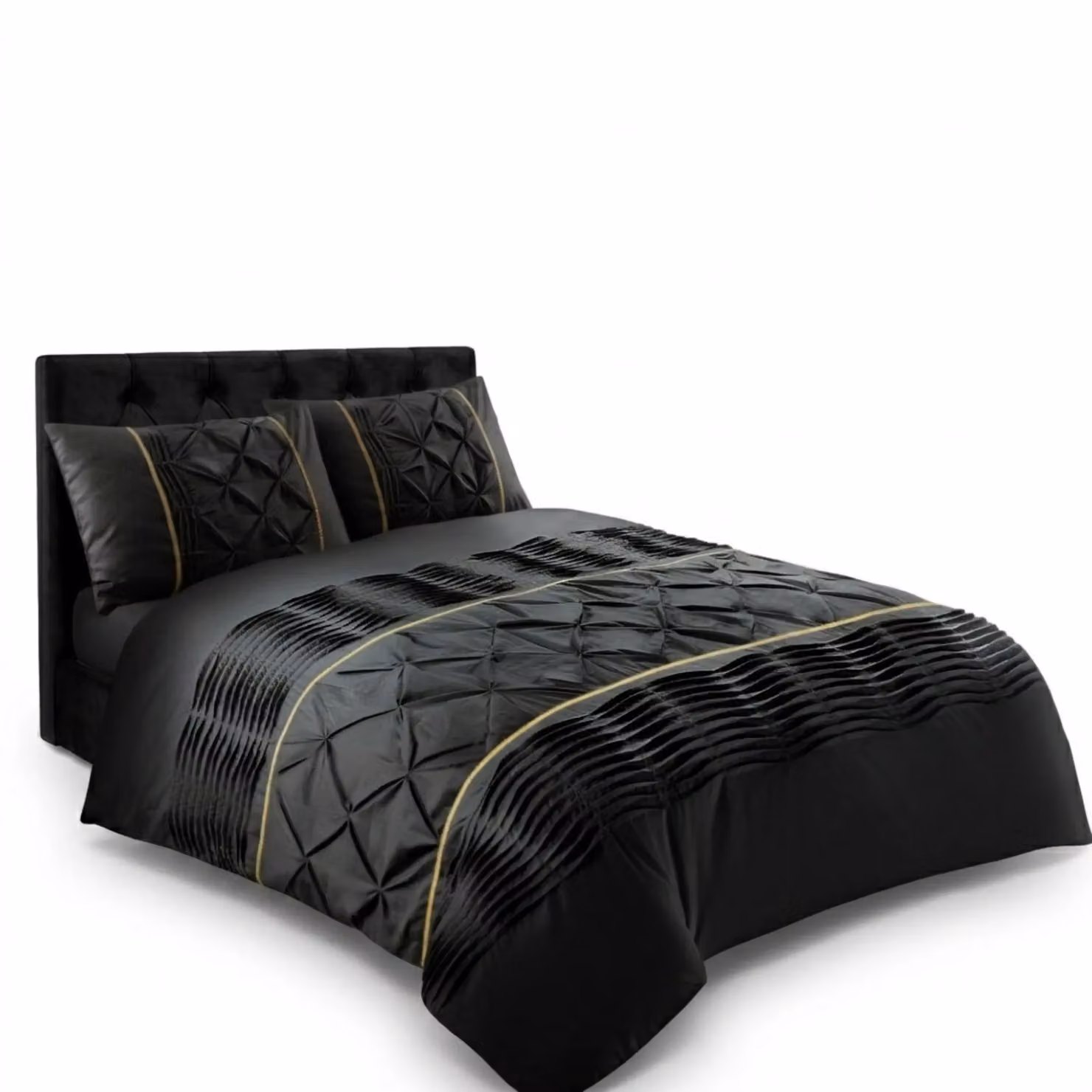 Snug City Modern Pintuck Border Pleated Duvet Cover and Pillowcase Set in Black, W: 140 cm, L: 200 cm – 2