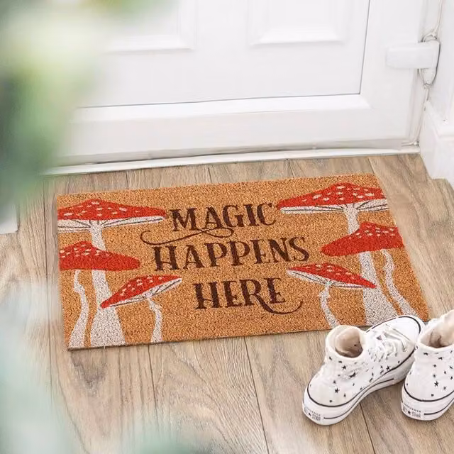 Uniqueful Natural Magic Happens Here Mushroom Doormat, Multicolour, W: 120 cm, D: 45 cm