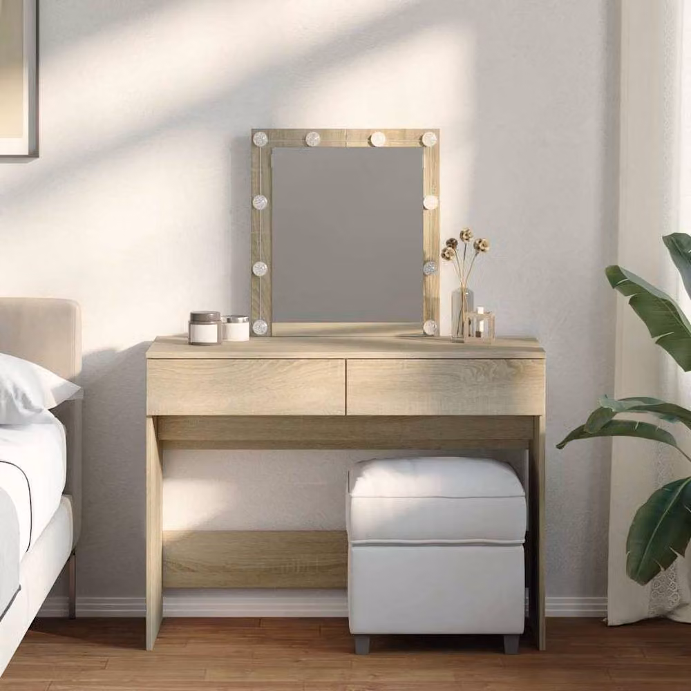 Berkfield Home Sonoma Oak Dressing Table with Hollywood LED in Tan, W/D/H: 100 x 40 x 130 cm – 2