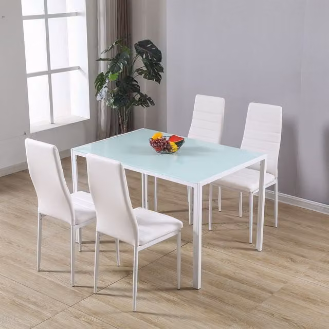 Westwood Modern Rectangular Glass Top Dining Table and 4 Faux Leather Chairs Set in White