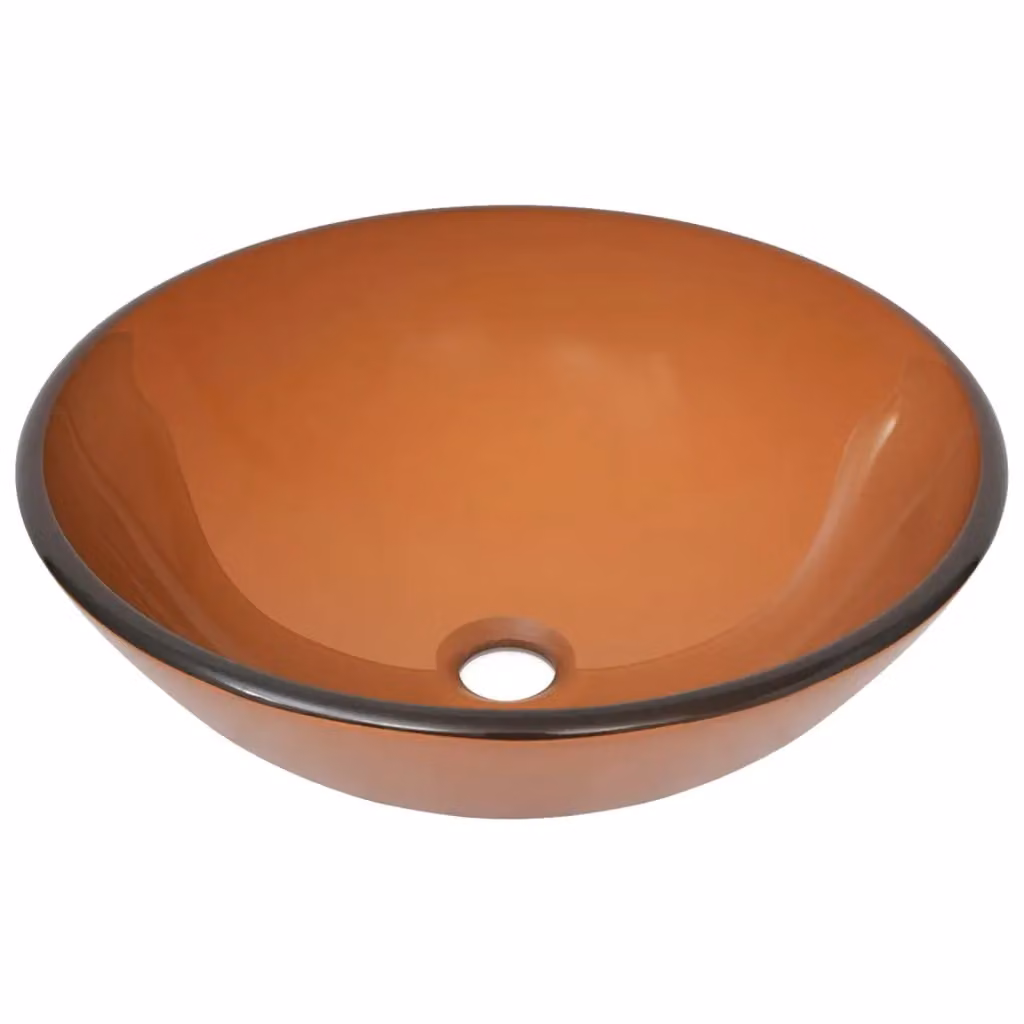 Berkfield Home Round Brown Tempered Glass Countertop Bathroom Sink with Tap and Push Drain – 3