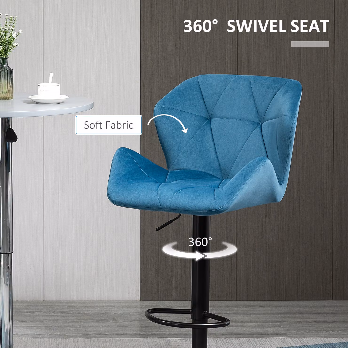 HOMCOM Set of 2 Blue Velvet Bar Stools with Adjustable Height and Metal Frame – 6