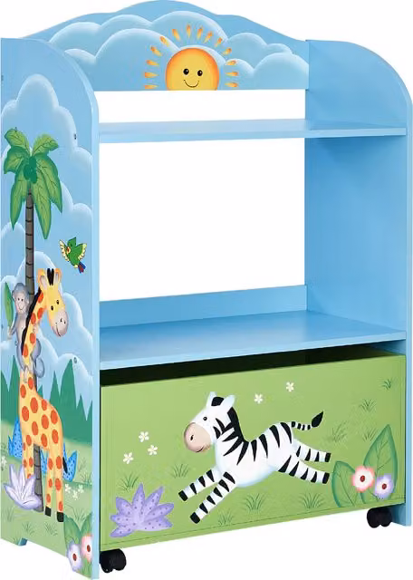 Teamson Kids Sunny Safari Wooden Rolling Bookcase and Display Storage in Blue and Multicolour