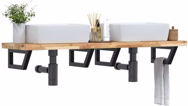 Berkfield Home Wall Mounted Basin Shelf in Brown Acacia Wood and Steel