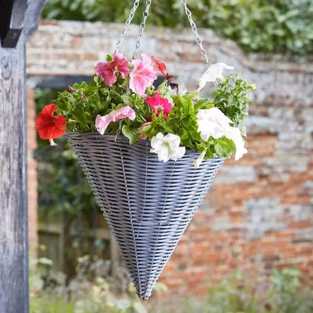 Garden Mile 14 inch Faux Rattan Cone Hanging Basket Planter in Grey