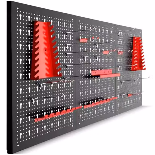 tectake 3-Panel Metal Pegboard Wall-Mounted Tool Organiser with Hooks and Holders, Black, W: 120 cm, H: 60 cm, D: 3 cm – 1