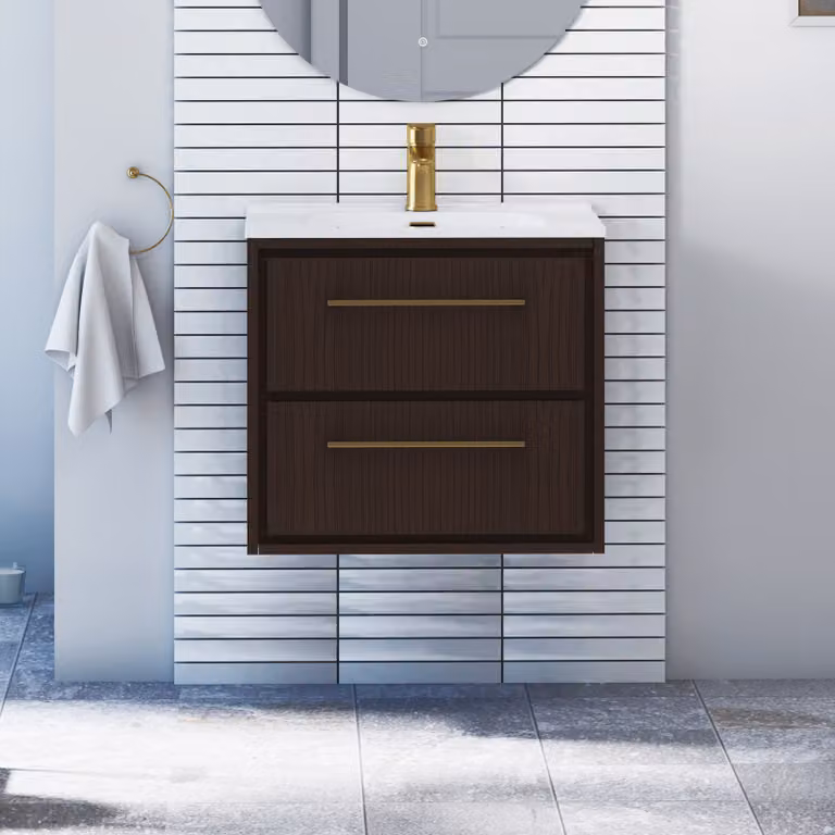 Livora Walnut Woodgrain Wall Hung 2 Drawer Bathroom Vanity Unit with Soft Close Doors
